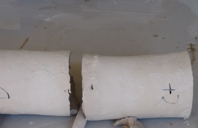 Picture: Image 2: In the above example uneven joining surfaces were soaked (top 7 minutes, lower one 5 minutes) before joined together with a coil of soft paper clay (dipped in paper clay slip) between them. Be careful not to pull the soft paper clay up onto areas surrounding the join, which may not have been wet long enough to soften. If you do, hairline cracks on the join line will appear.